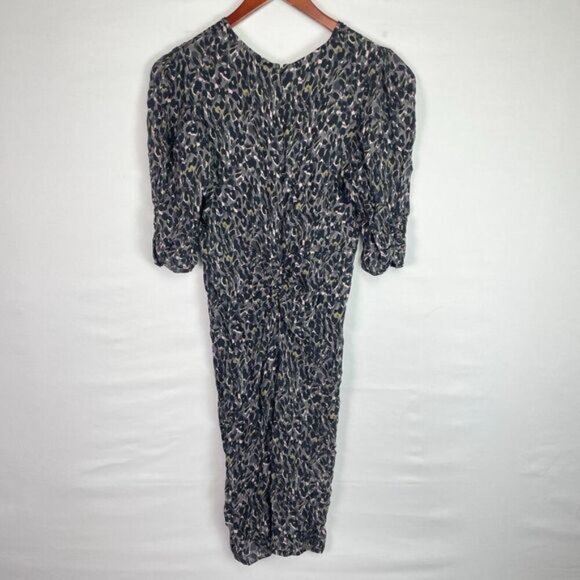 All Saints Josephine Waterleo Ruched Leopard Print Dress Khaki Green US 4 - Picture 3 of 8